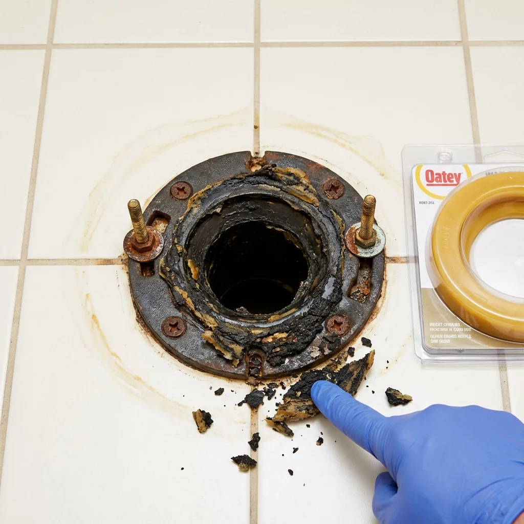 Failed wax ring showing water seepage at the base of a toilet in a Greenfield, IN home