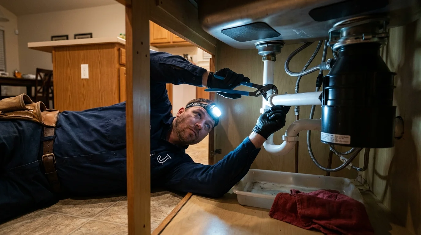 P-trap and supply line connections under a kitchen sink showing a common leak point in Greenfield, IN